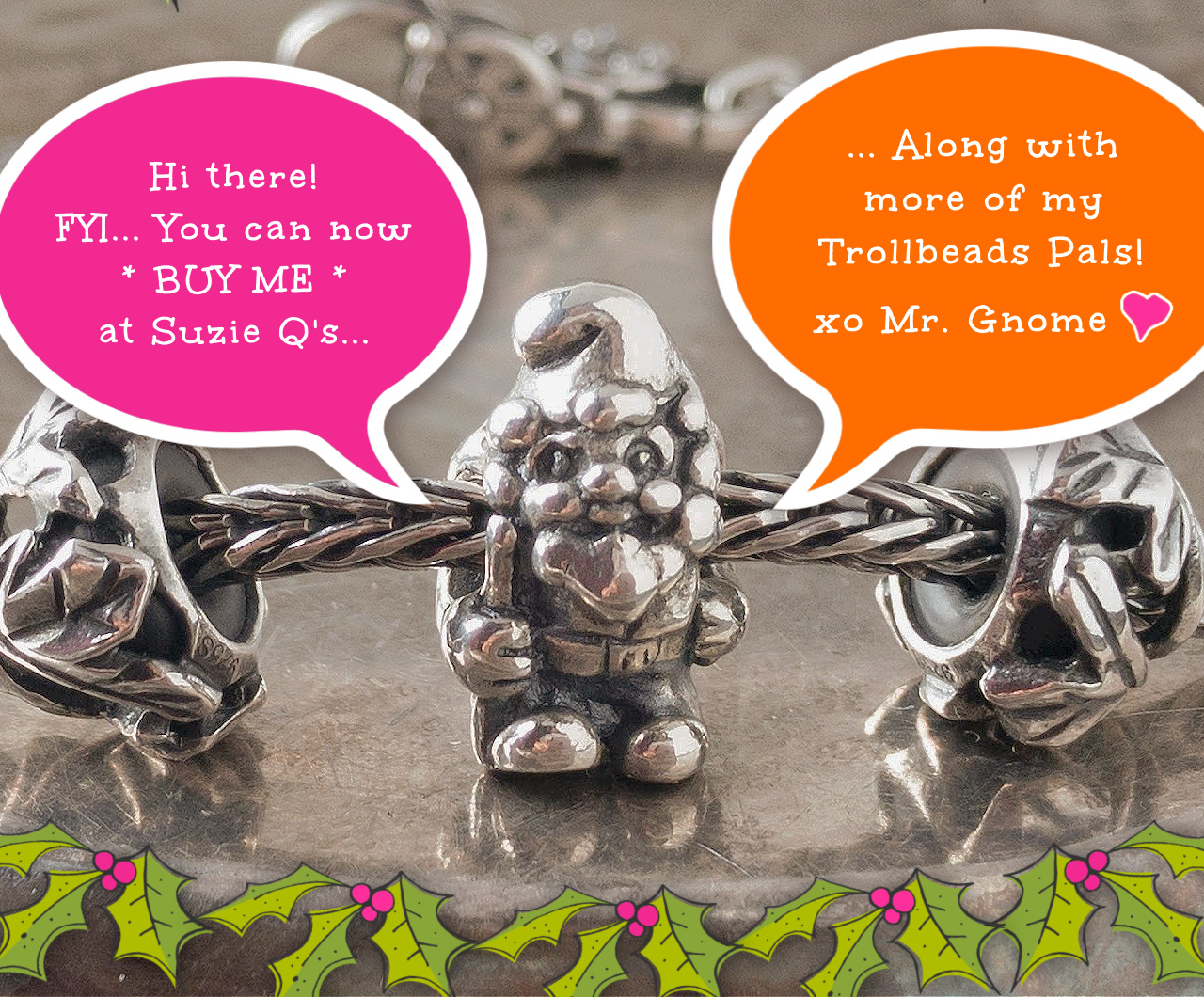 A Garden Gnome Trollbead on a sterling silver Trollbeads bracelet.