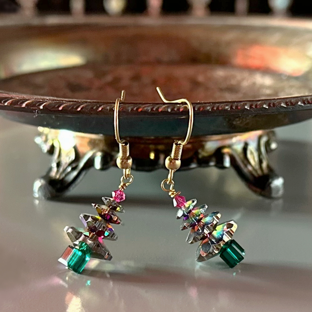 Sparkly Swarovski crystal Christmas Tree earrings available at Suzie Q Studio.