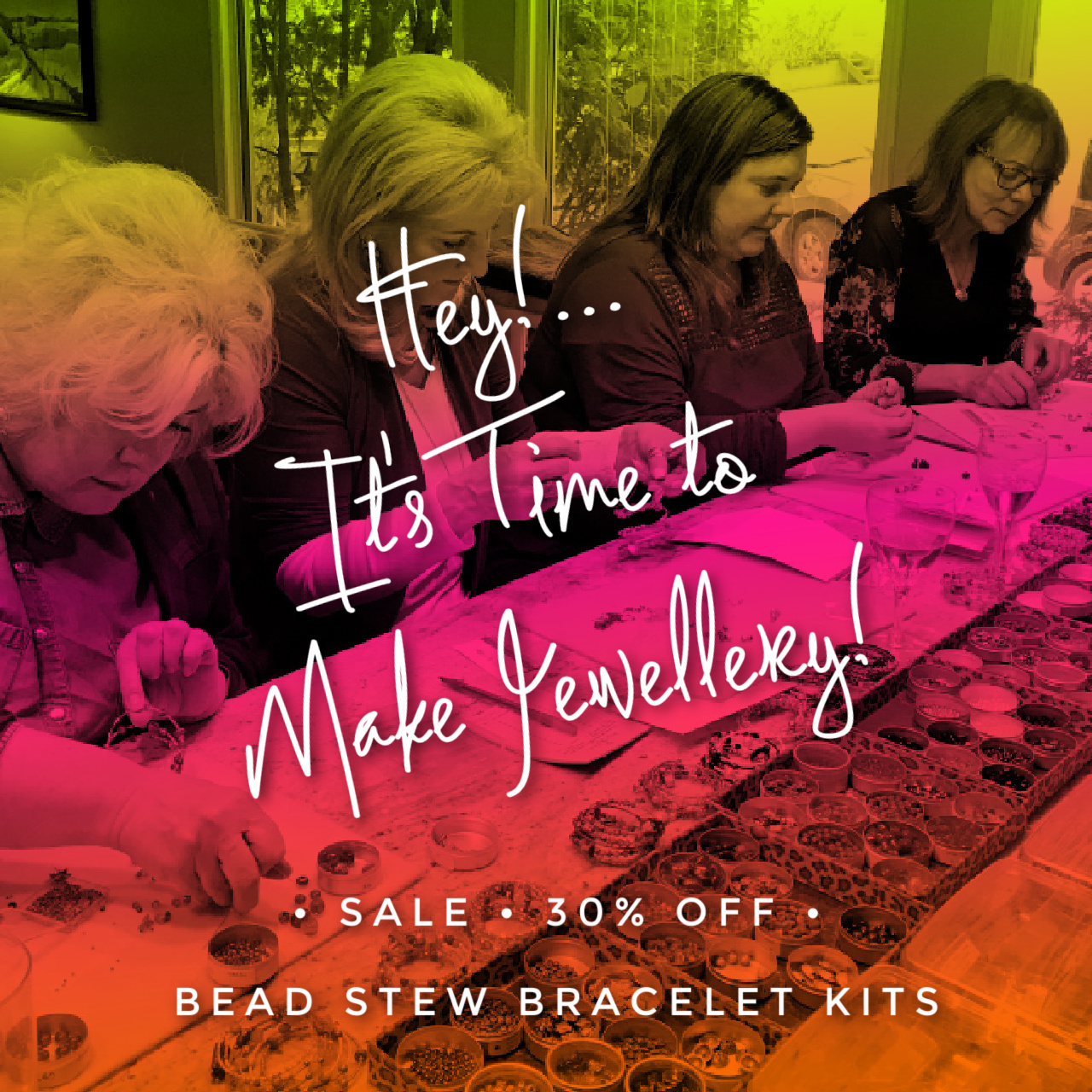 A group of friends making Bead Stew bracelets together for a fun activity.