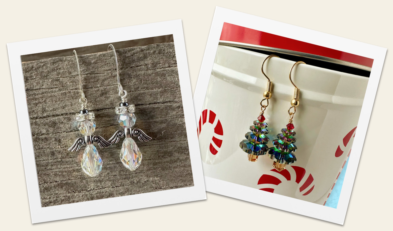 Swarovski crystal angel earrings and Christmas tree earrings to buy at Suzie Q Studio
