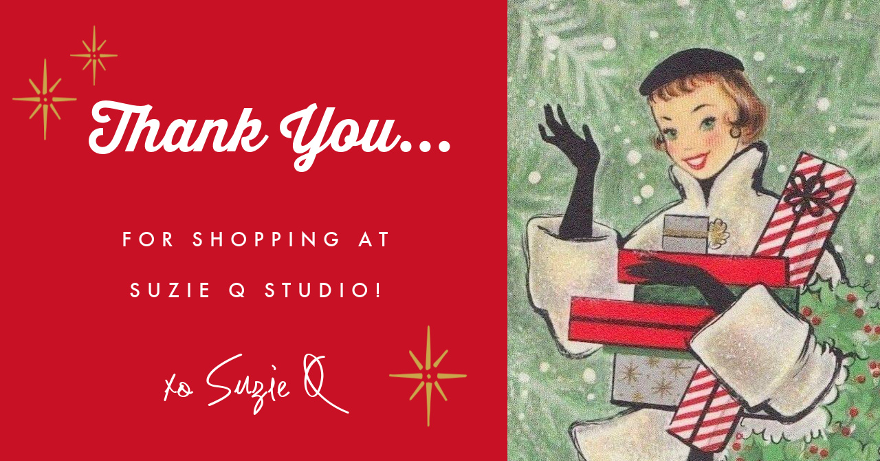 Vintage illustration of a lady holding Christmas presents with a thank you for shopping at Suzie Q Studio message.