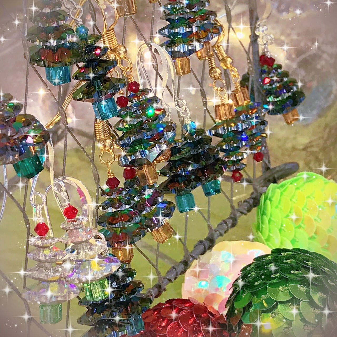 Sparkly Swarovski crystal Christmas Tree earrings available at Suzie Q Studio.