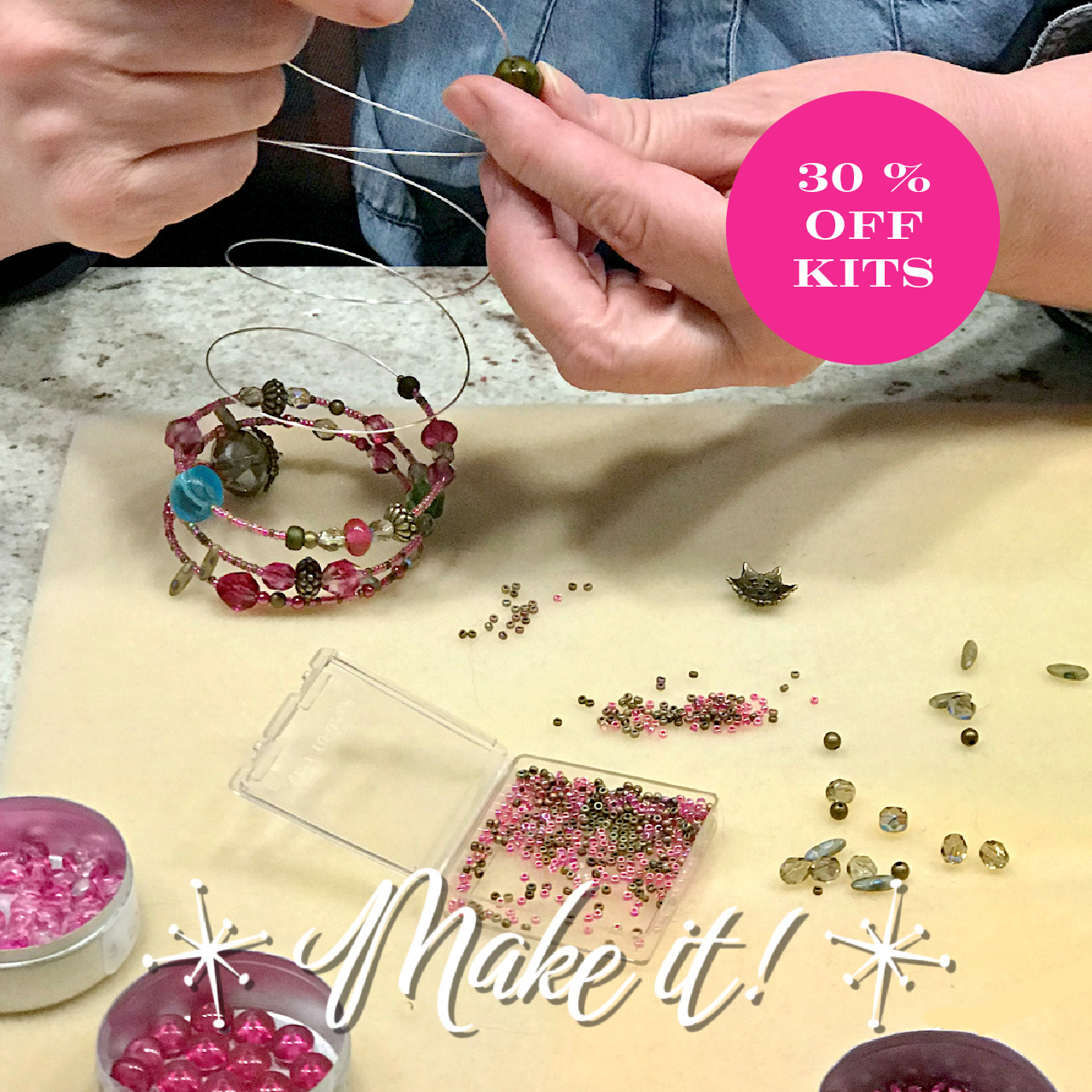 A pair of woman's hands showing the making of a Bead Stew bangle-style bracelet