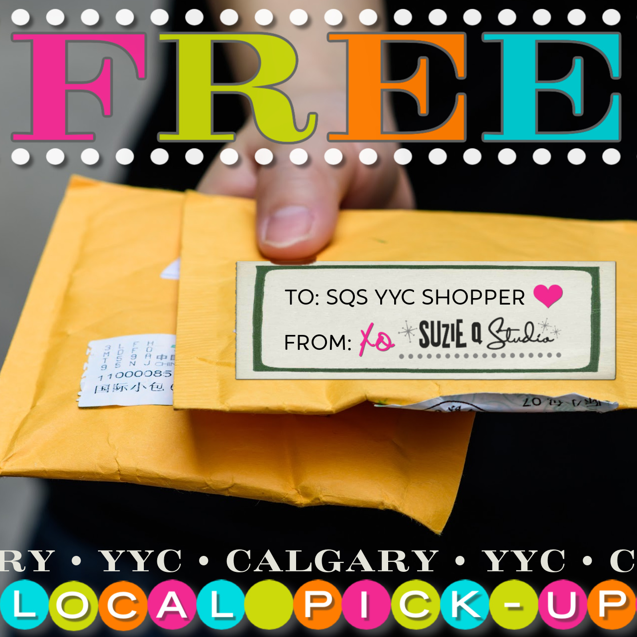 Image of a hand holding packages, to promote free Suzie Q Studio pickup location in Calgary.