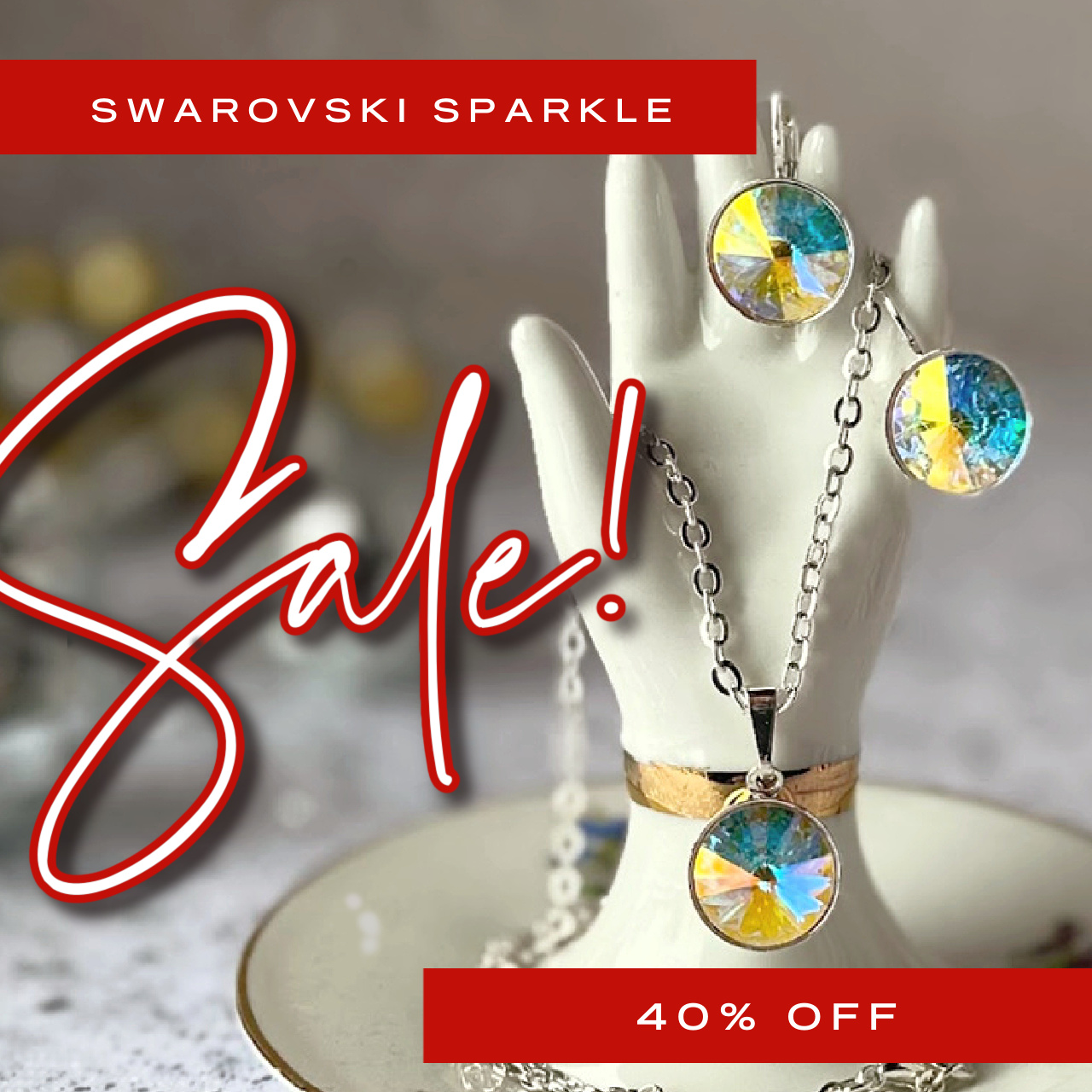 Sale promo graphic for 40 percent off Swarovski crystal rivoli stone jewellery.