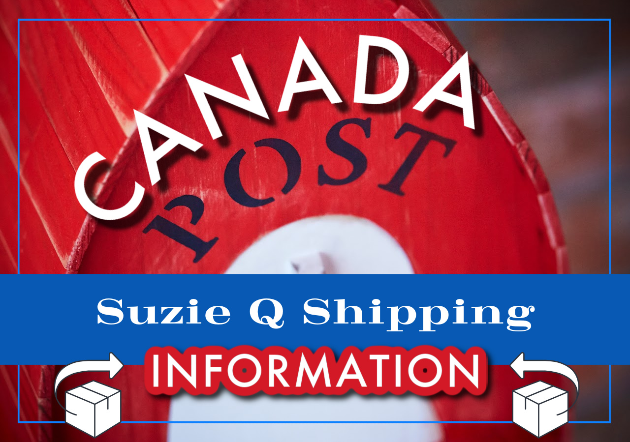 Red Canada Post mailbox graphic about shipping information for Suzie Q Studio.