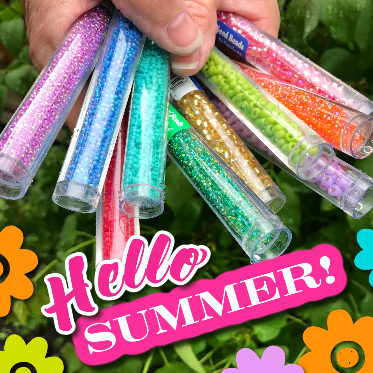 Tubes of colourful seed beads with "Hello Summer!" message.