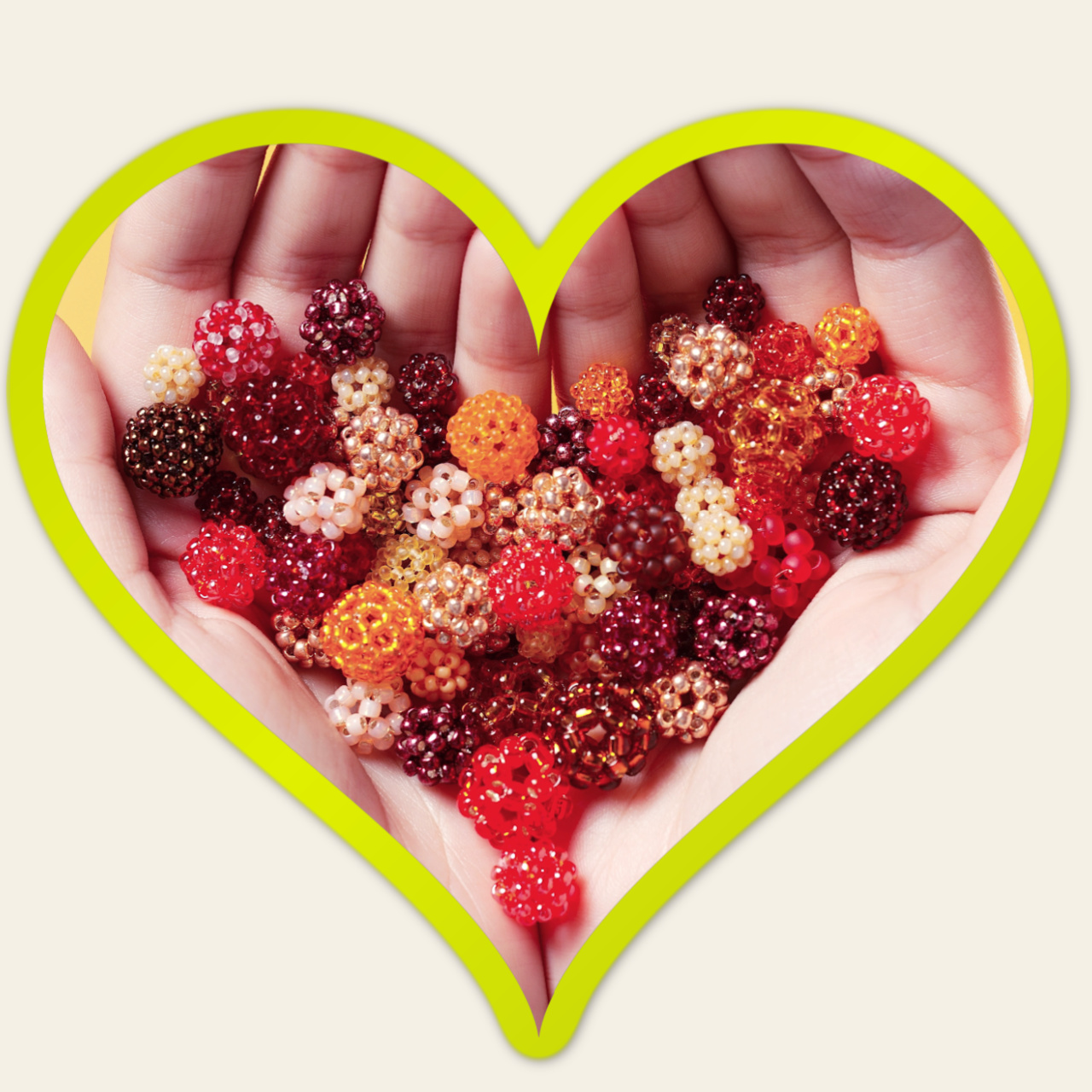 A heart-shaped graphic with two open hands full of round beads made out of seed beads.