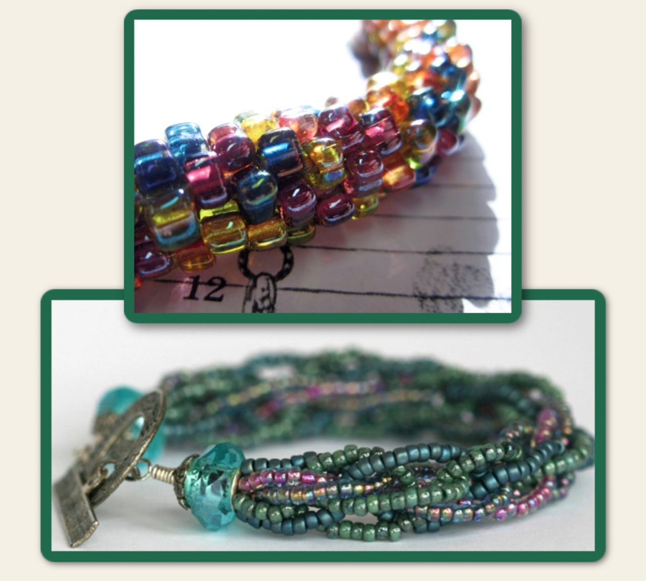 Two different handmade bracelets created with Japanese seed beads.