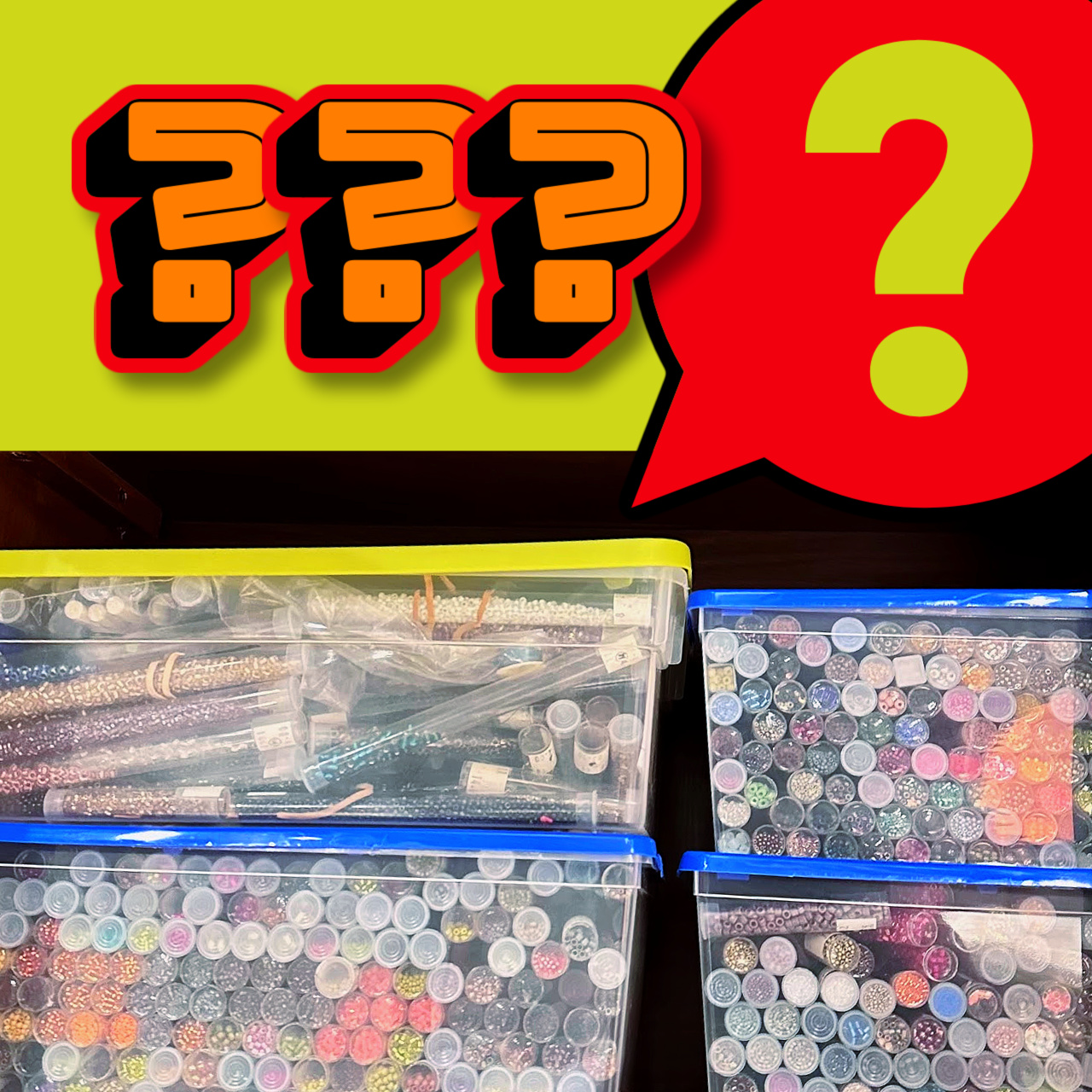 Clear shoeboxes full of colourful seed beads in plastic tubes, along with big graphic question marks