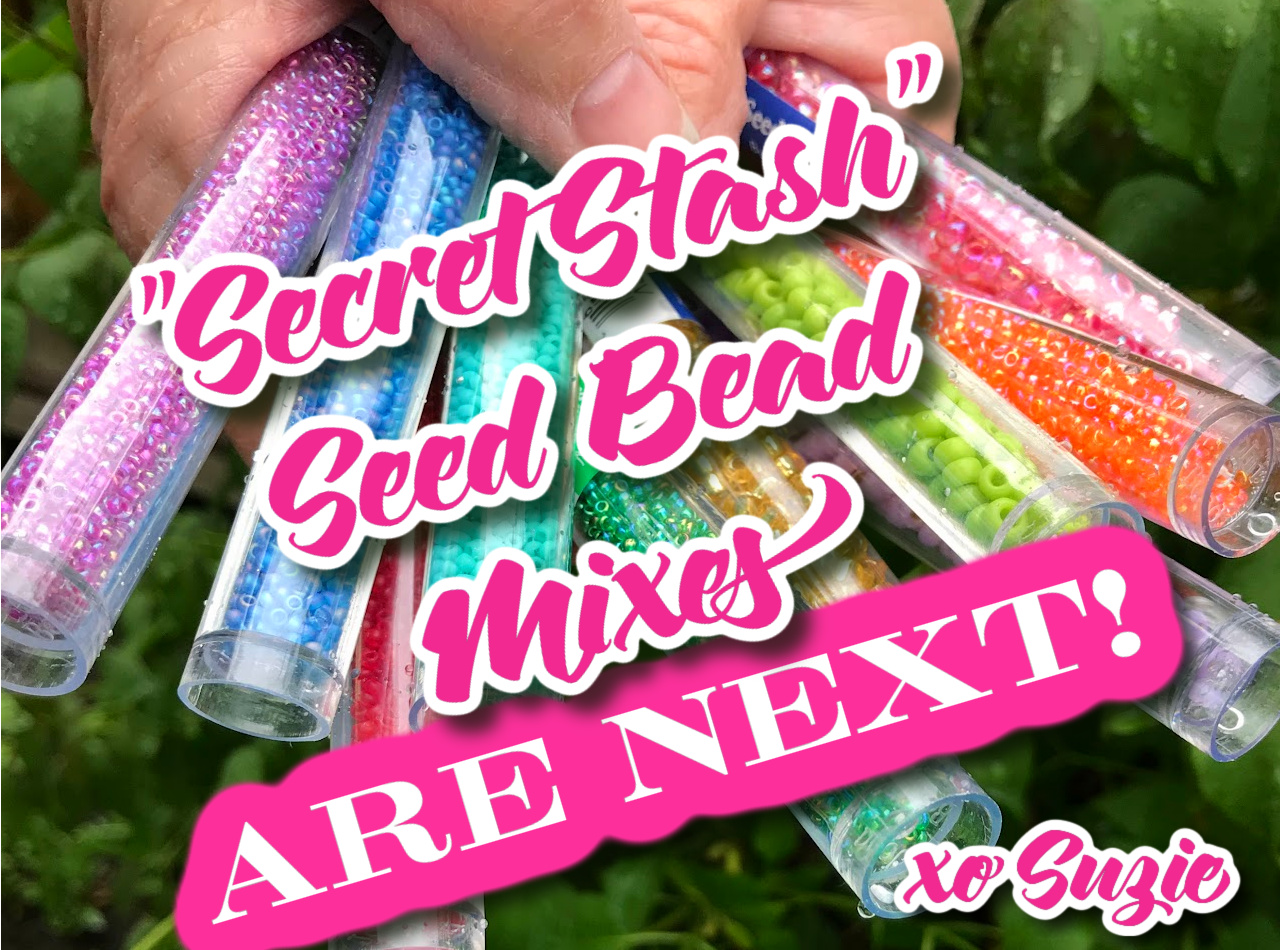 Plastic tubes of colourful seed beads with a message about seed bead mixes being available soon at Suzie Q Studio.