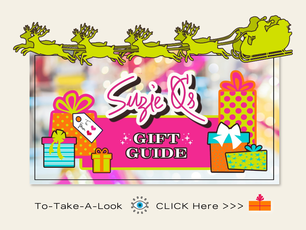 Colourful promo graphic about the Suzie Q Studio Gift Guide.