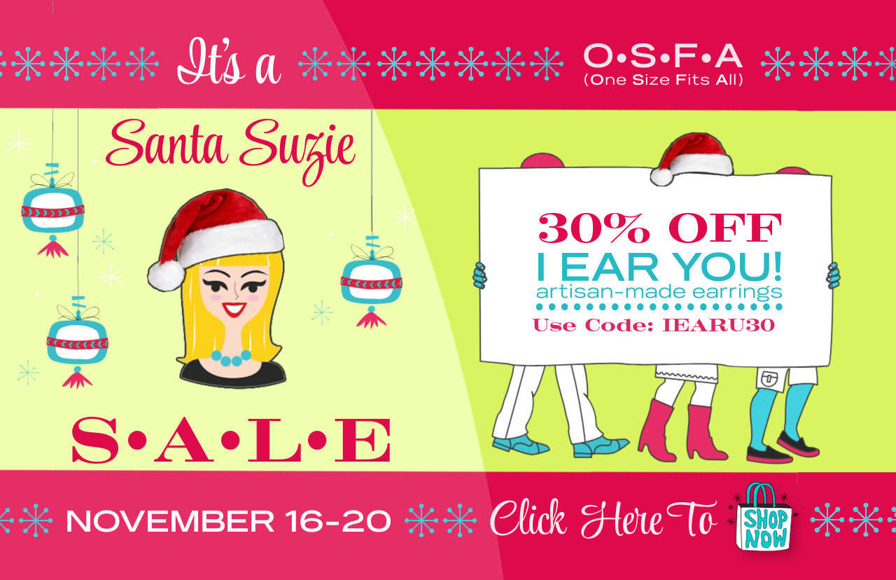 A colourful, retro-style Christmas graphic to promote 30% of earrings at Suzie Q Studio