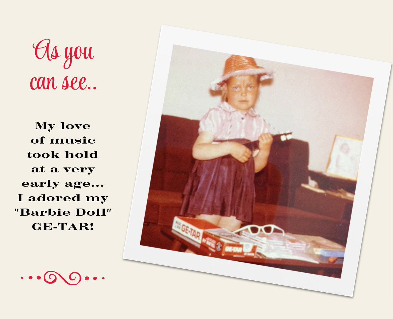 A vintage photo of a little girl playing a toy guitar.