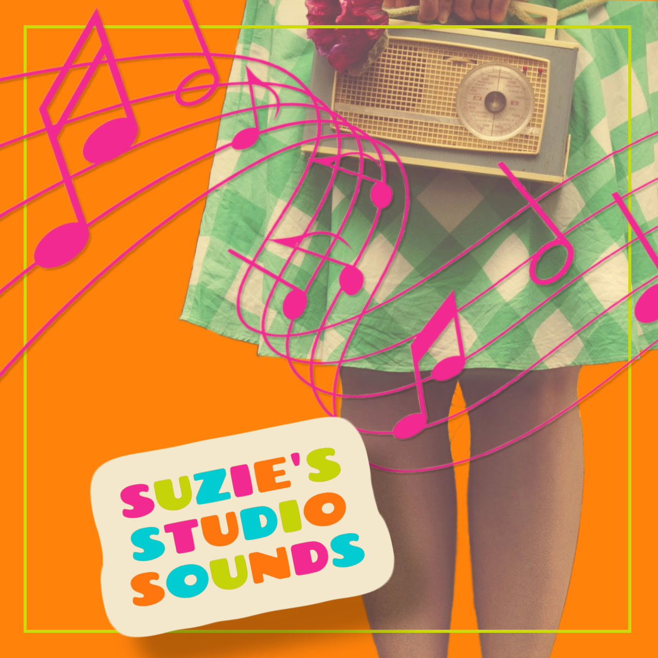 Retro style, colourful image of lady holding a radio with musical notes coming out