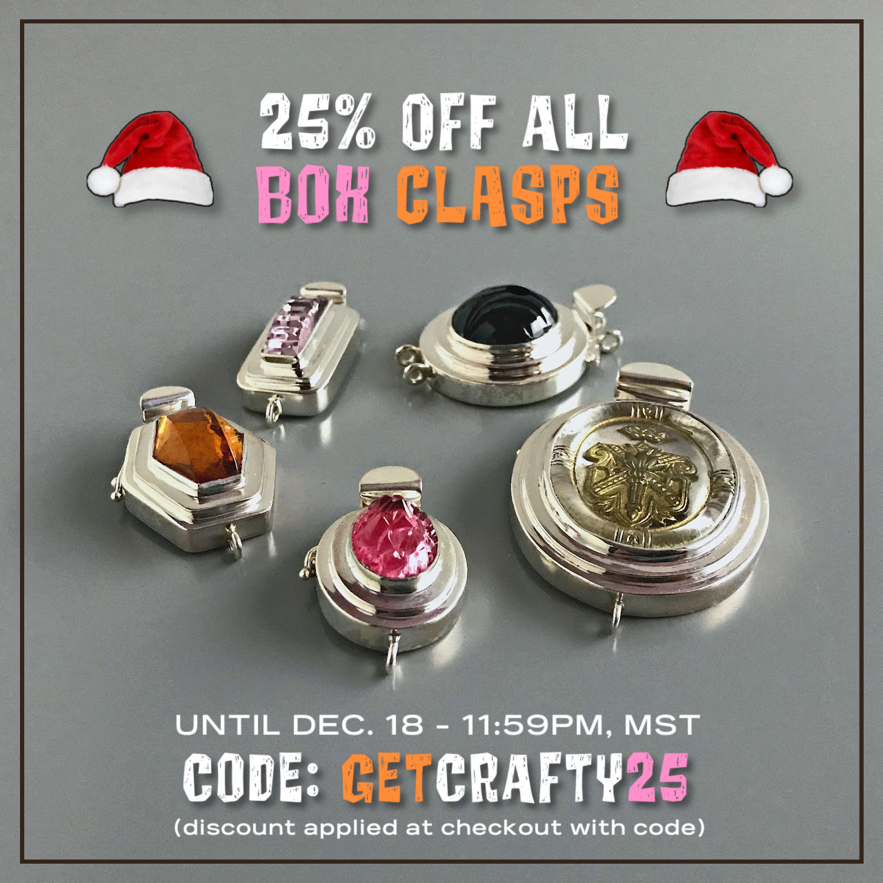 Image of custom, sterling silver "box-style" jewellery clasps, to promote a 25% Off Sale at Suzie Q Studioi.