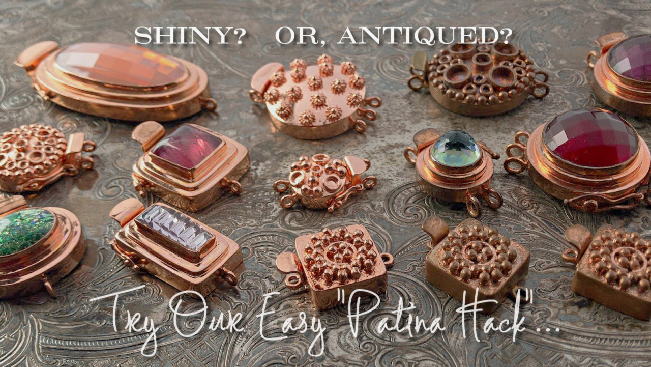 Image of custom, copper "box-style" jewellery clasps, in both shiny and antique finishes to promote a "DIY patina"  blog post at Suzie Q Studio