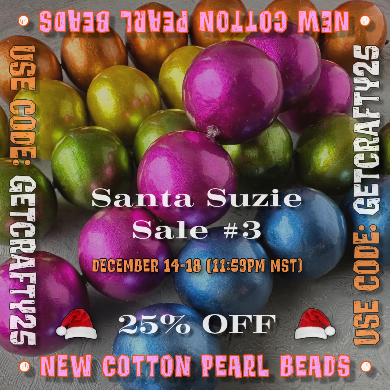 Strands of bright coloured round, cotton pearl beads, to promote 25% off Sale at Suzie Q Studio.