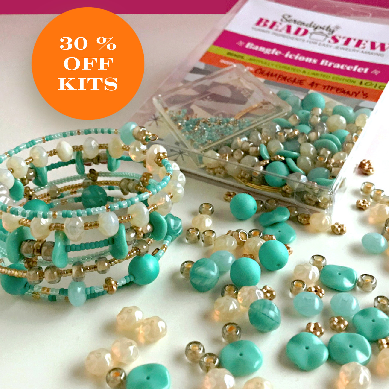 A Bead Stew bracelet making kit, along with a bangle-style, beaded bracelet to promote 30% Off Kits Sale at Suzie Q Studio
