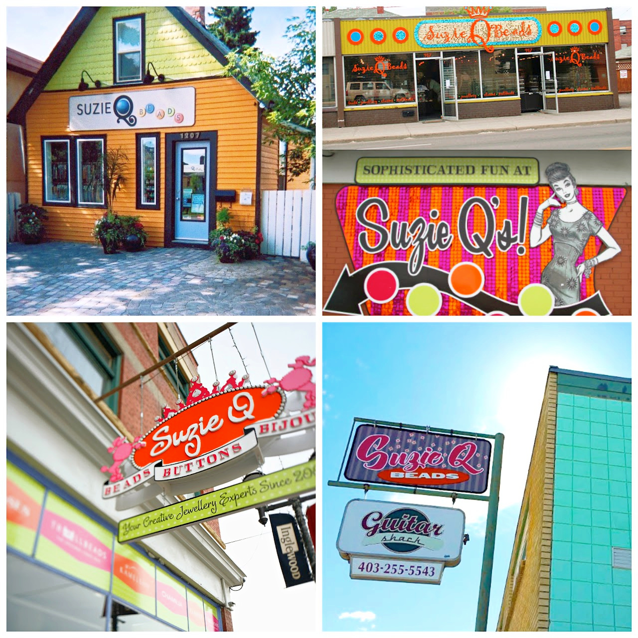 A collage of several photos showing various logo designs and name variations for Suzie Q Beads over 19 years.