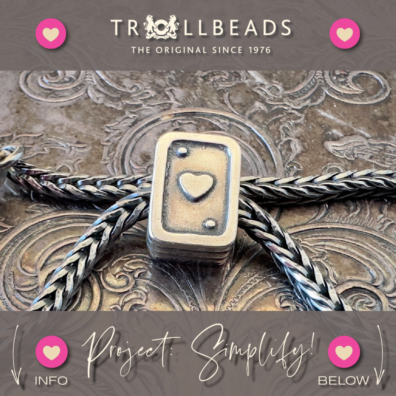 Trollbeads logo at the top, with the sterling silver "Playing Cards" Trollbead on a sterling silver bracelet, with the words "Project Simplify" at the bottom of the image.