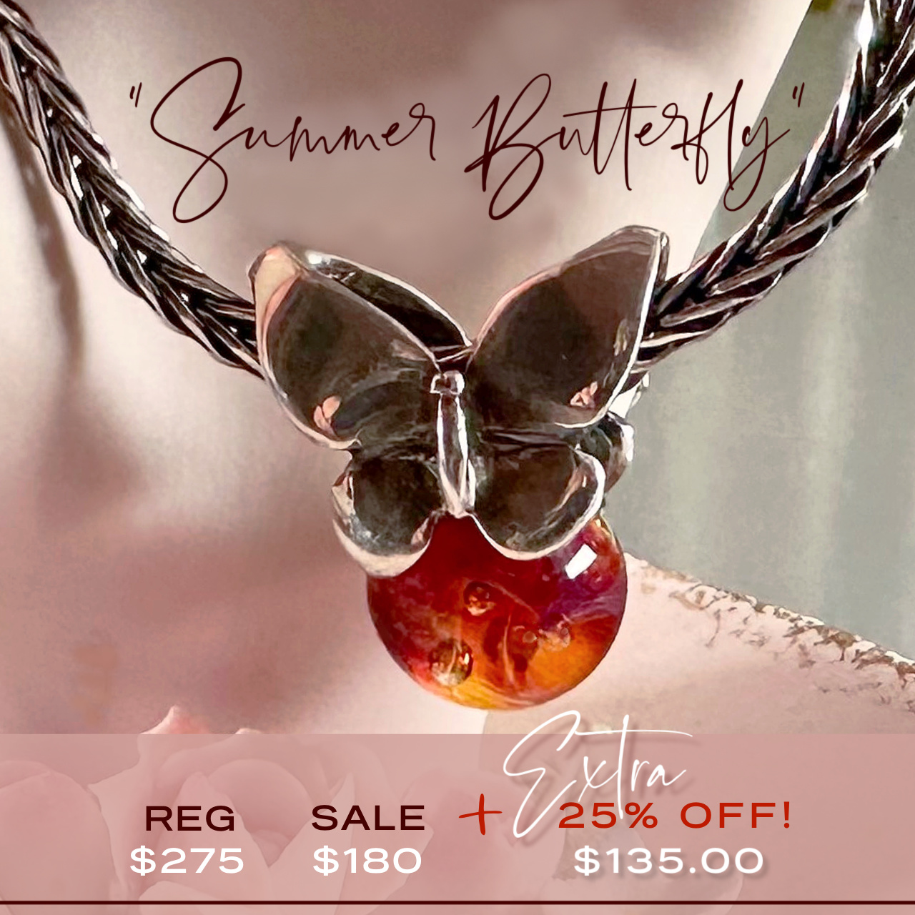 Summer Butterfly Trollbead on a silver chain in the background to promote a Trollbeads sale of up to 60% OFF, plus an Extra 25% OFF at Suzie Q Studio.