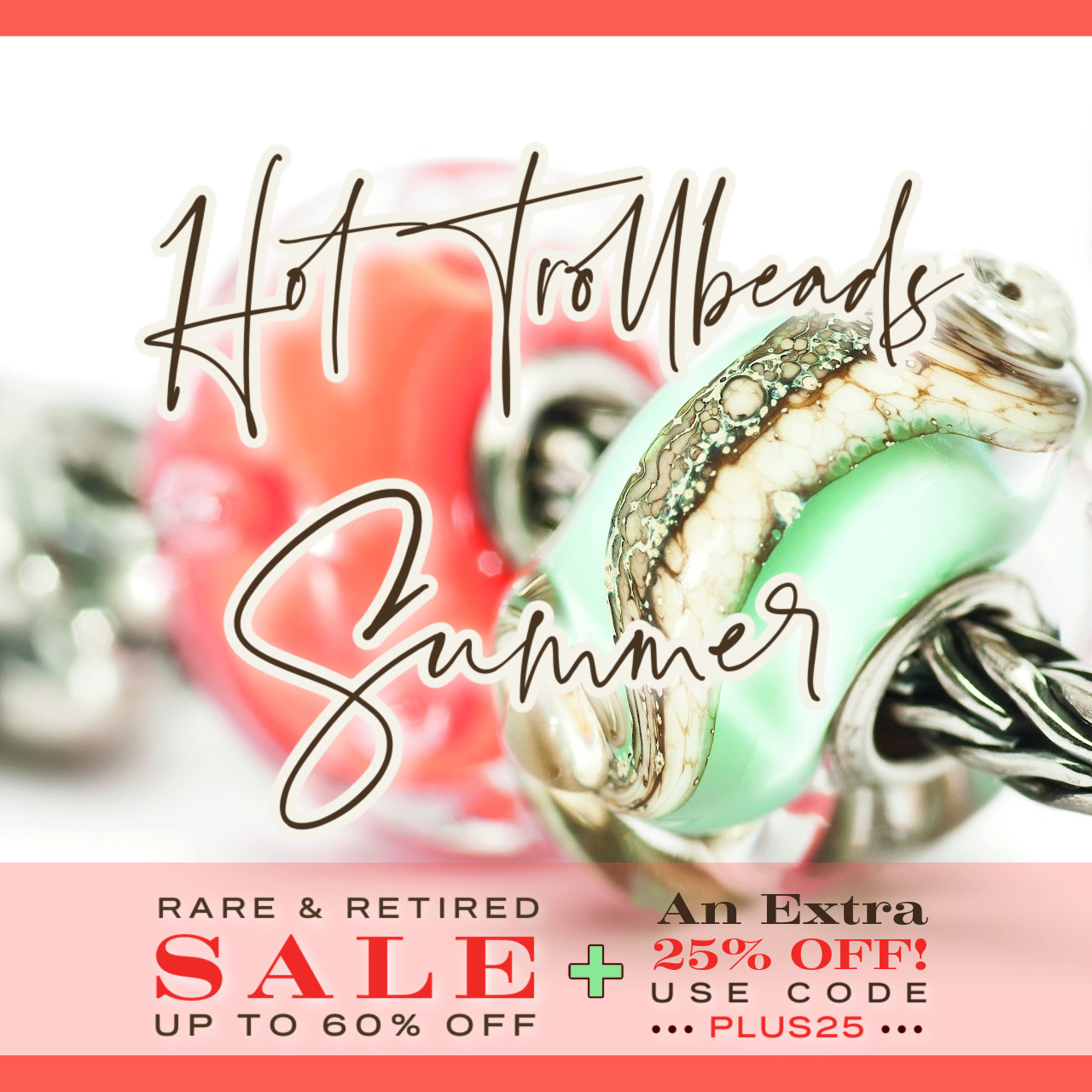 Two glass Trollbeads on a silver chain in the background to promote a Trollbeads sale of up to 60% OFF, plus an Extra 25% OFF at Suzie Q Studio.