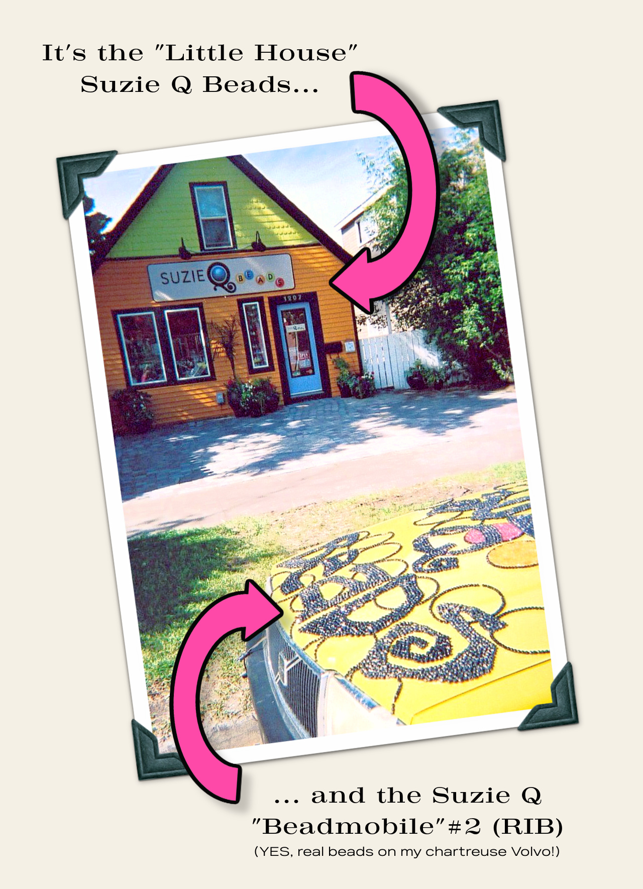 A retro-style photo with photo corners that shows the original Suzie Q Beads location in a bright chartreuse and orange little house, along with the hood of a car covered in beads.